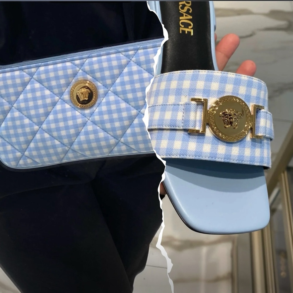 Versace Light Blue Checkered Bag and Sandals
